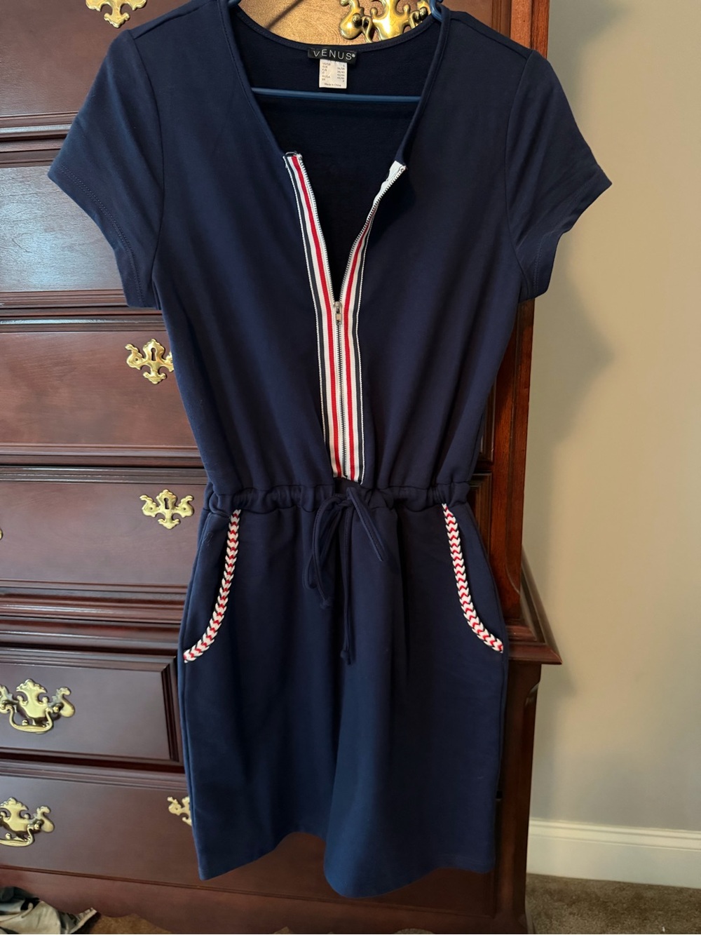 VENUS Navy Mini Dress with Red & White Trim